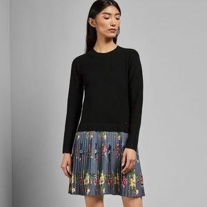 🔥 TED BAKER Oracle Long Sleeve Pleat Skirt Knit Dress Black Size 1